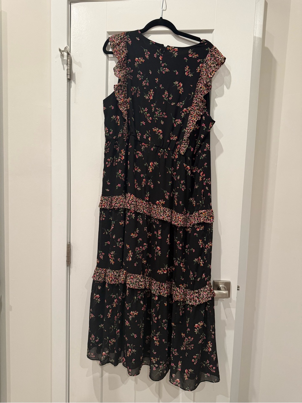 J. Crew Factory Black Maxi Dress with Pink Floral Ruffle Tiers - Picture 4 of 7